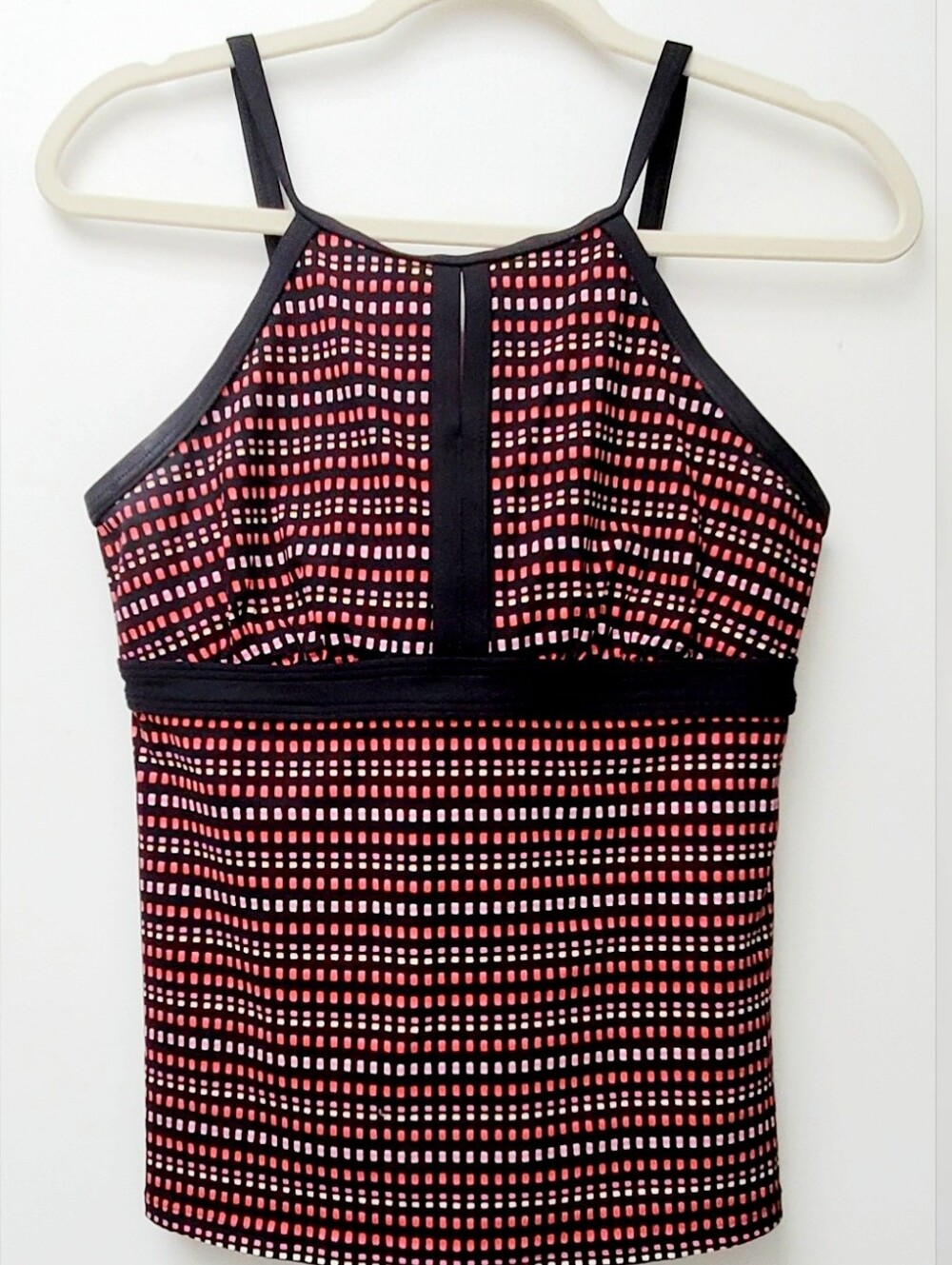 Lands' End Keyhole High Neck Tankini Swim Beach Top Black Pink Soft Bra Size 8
